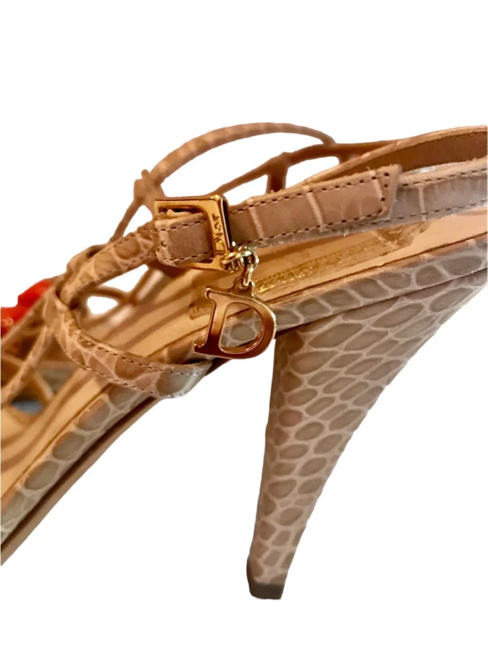 Dior Tan Croc-Embossed Slingback Heels with Red Gem Accents